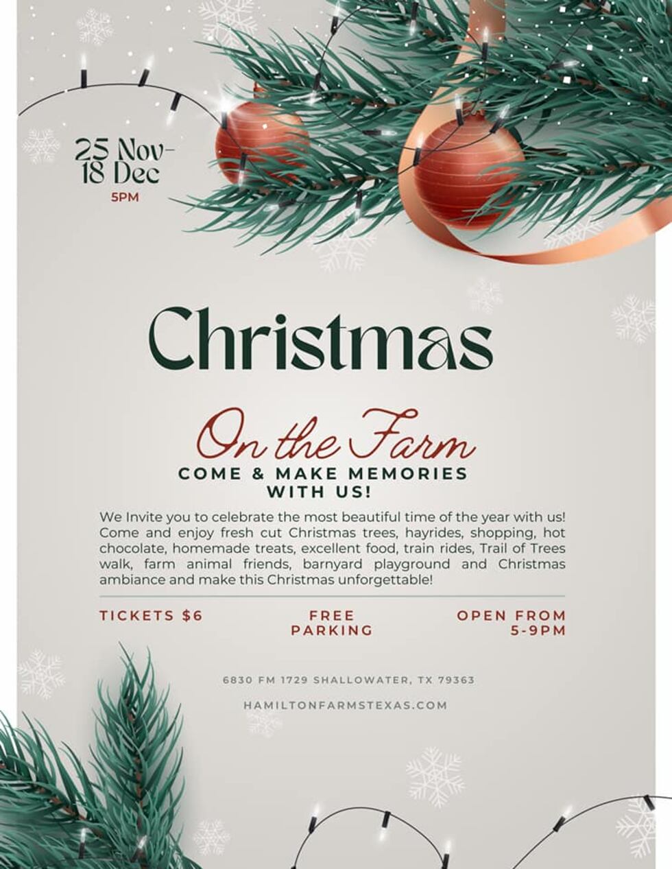 Hamilton Farms in Shallowater will open its annual Christmas on a Farm event starting Friday,...