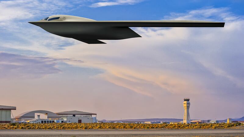 Shown is a B-21 Raider artist rendering graphic. The rendering highlights the future stealth...