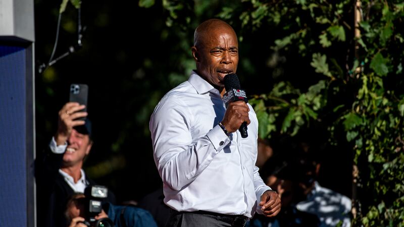 FILE - Mayor Eric Adams speaks at the Global Citizen Festival in Central Park in New York on...