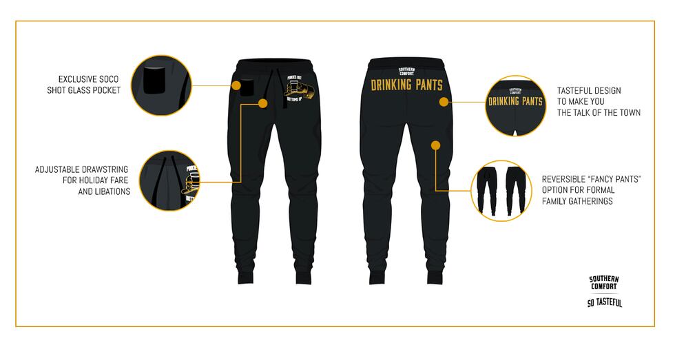 The "drinking pants" have a number of different features to help aid in holiday festivities.
